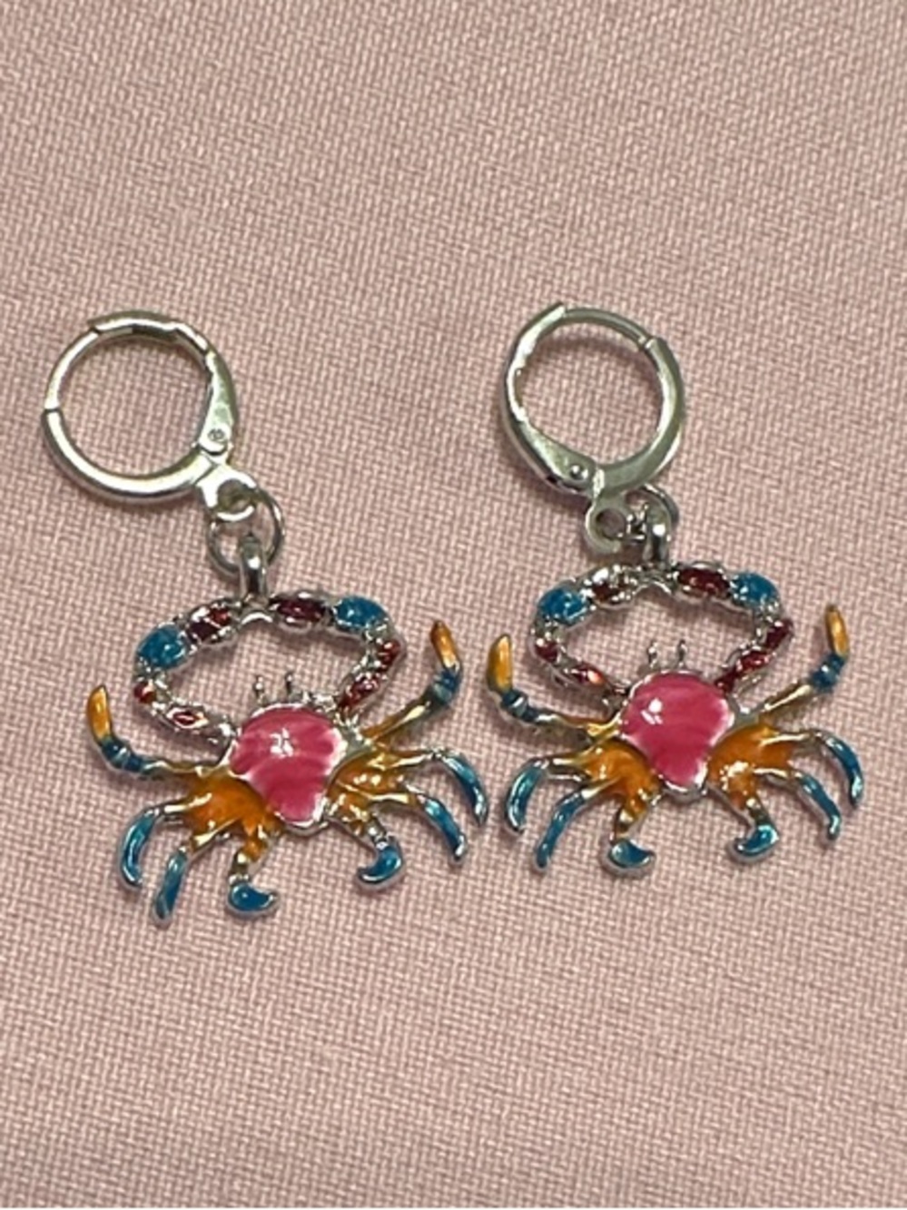 Playful Enamel Crab Drop Earrings - Pink, Blue & Gold Accent